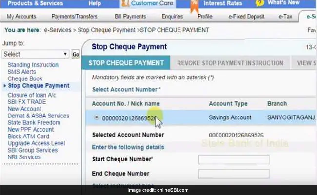 Navigate to Stop Cheque Payment