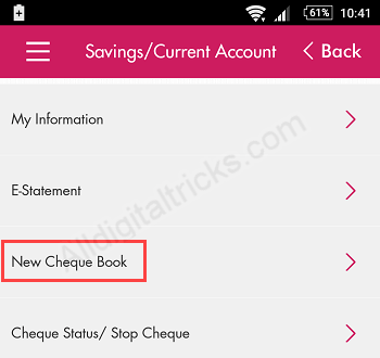 Select "Cheque Book Request"